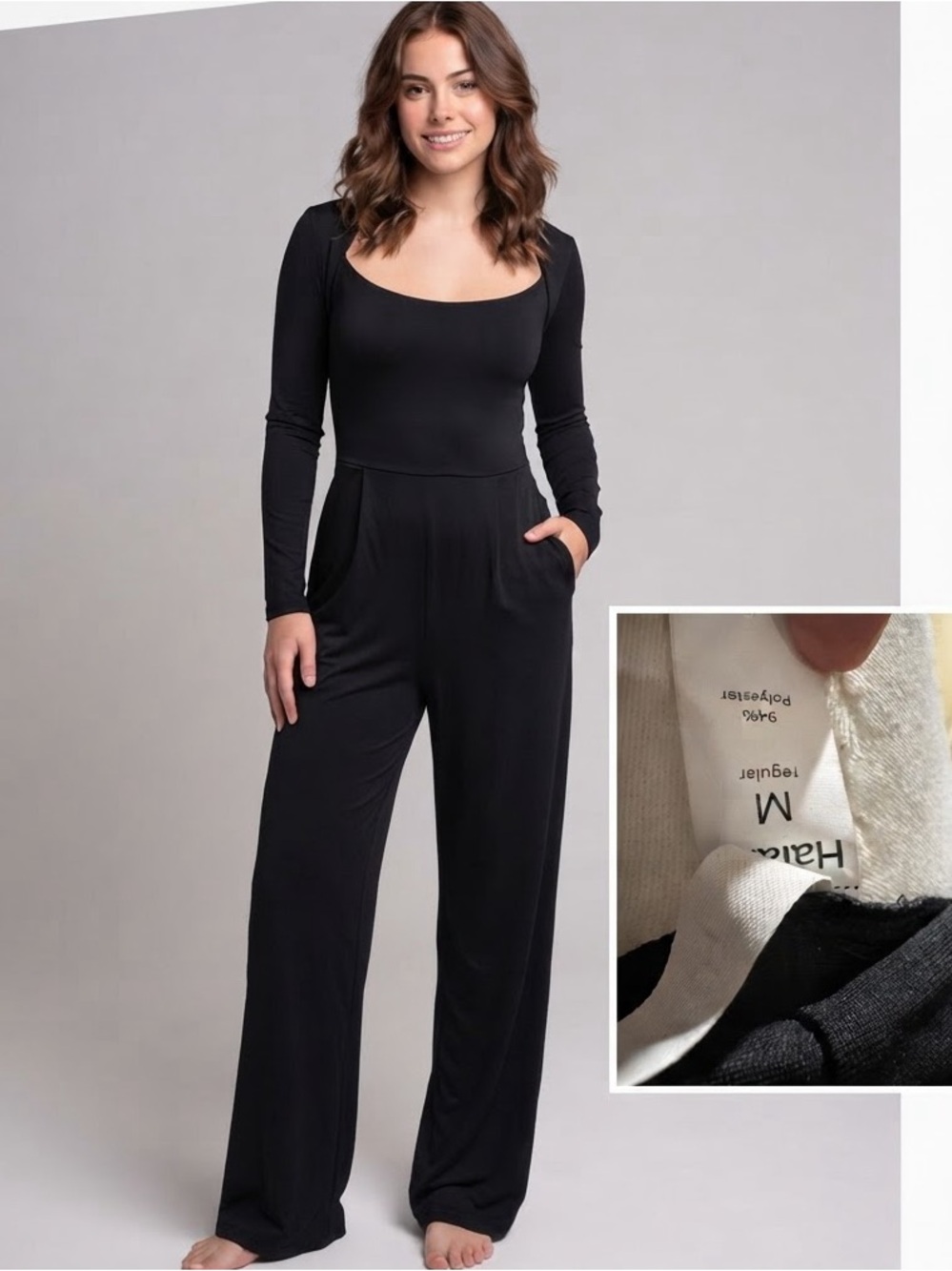 HALARA Black Long-Sleeve Wide-Leg Scoop-Neck Jumpsuit